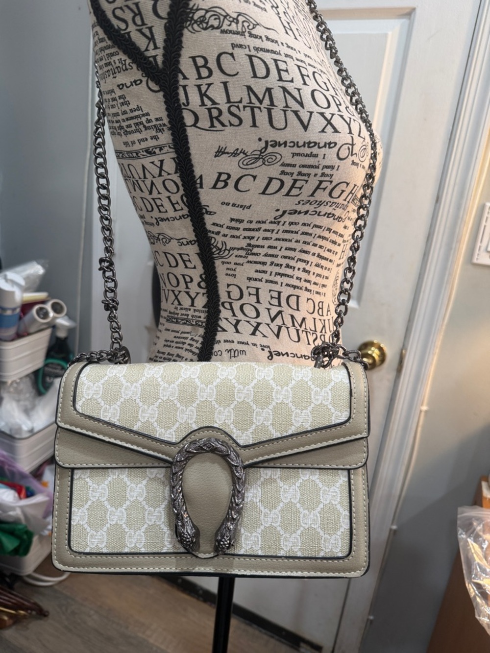 Beige Canvas-Trim Crossbody Bag with Chain Strap